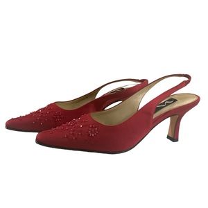 New Nina red silk beaded sling back heels sz 6